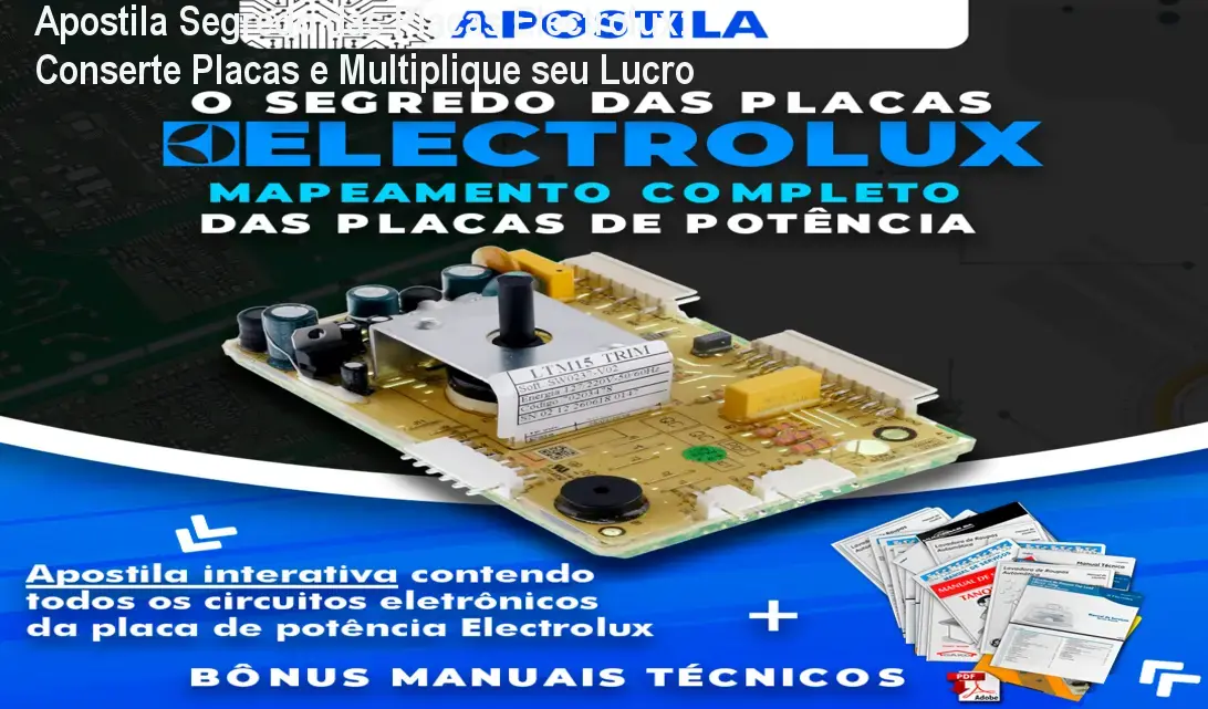 Apostila Segredo das Placas Electrolux aberta mostrando diagramas de circuitos para reparo de placas de lavadoras