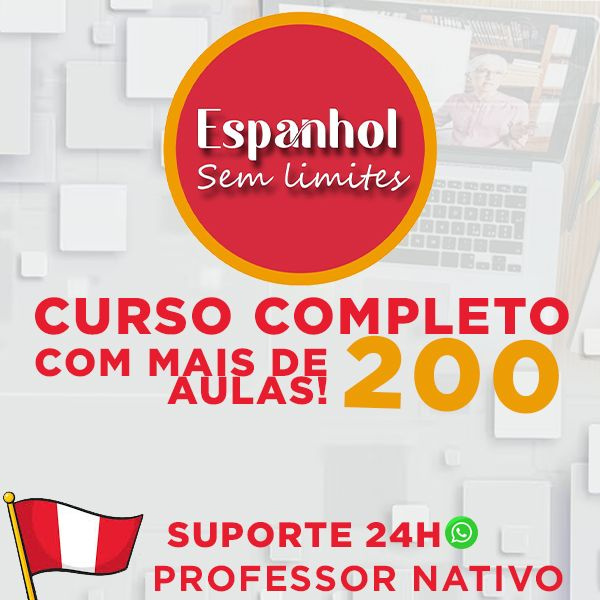 Professor nativo peruano ensinando espanhol em aula ao vivo para estudantes brasileiros, com laptops, bandeiras do Peru e do Brasil ao fundo.
