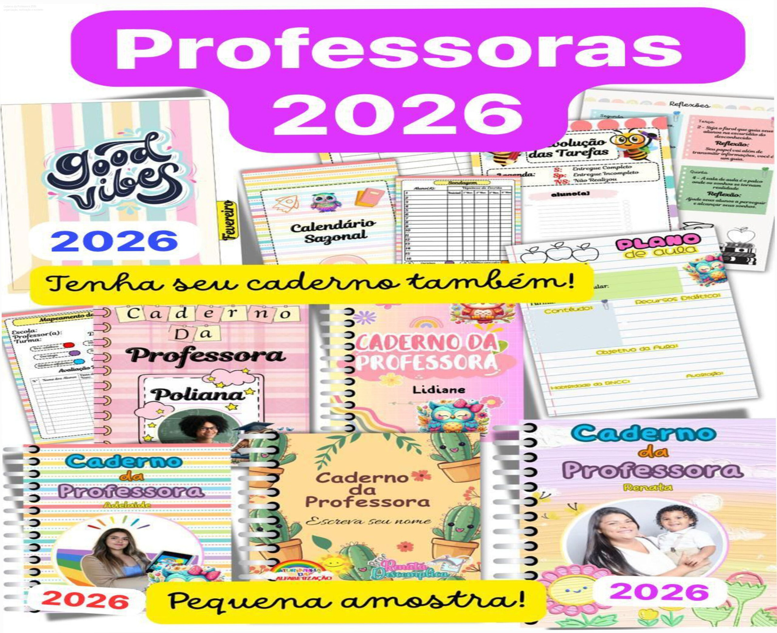 Mockup do Caderno da Professora 2026 mostrando página de planejamento e sondagem diagnóstica