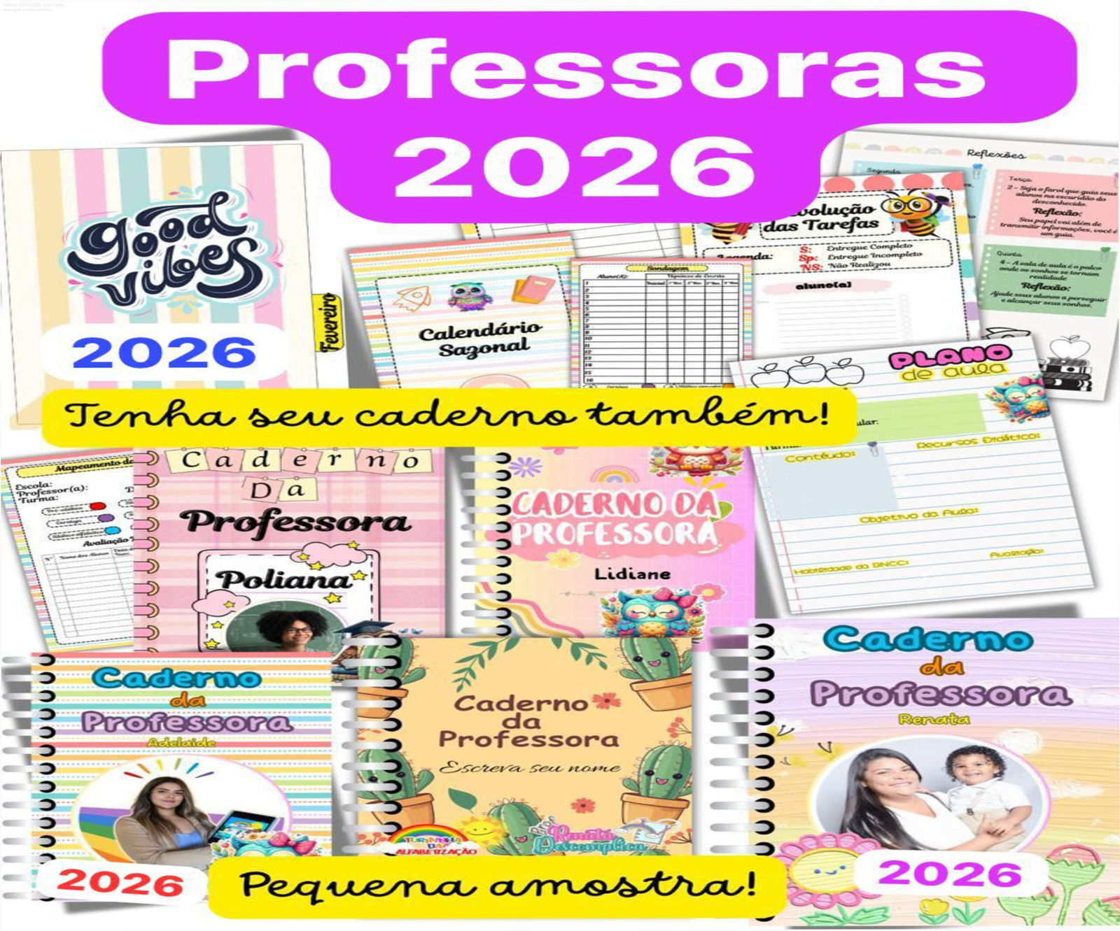 Caderno da Professora 2026 aberto mostrando calendário, checklist e espaço para anotações, facilitando a organização diária da docente