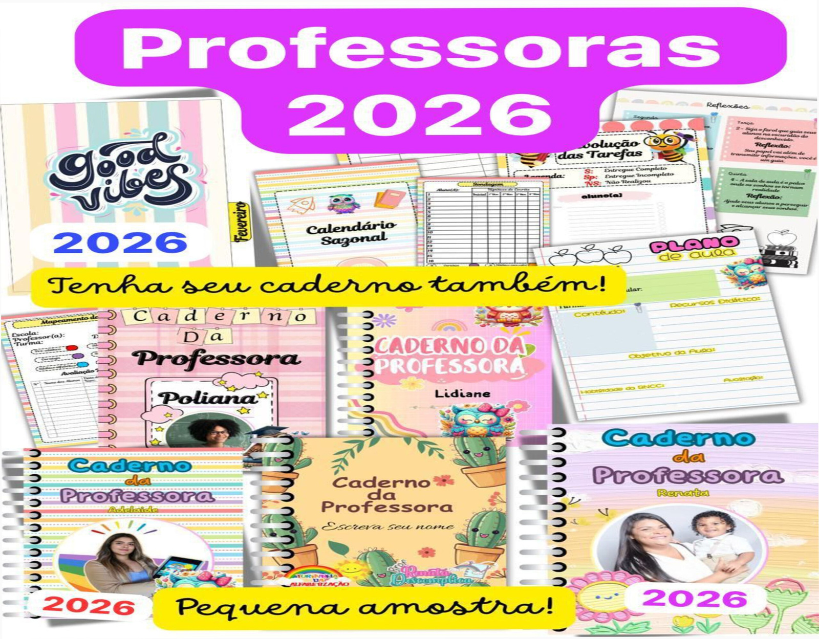 Capa editável do Caderno da Professora 2026 com sondagem diagnóstica, calendário, divisórias e ferramentas de planejamento educacional