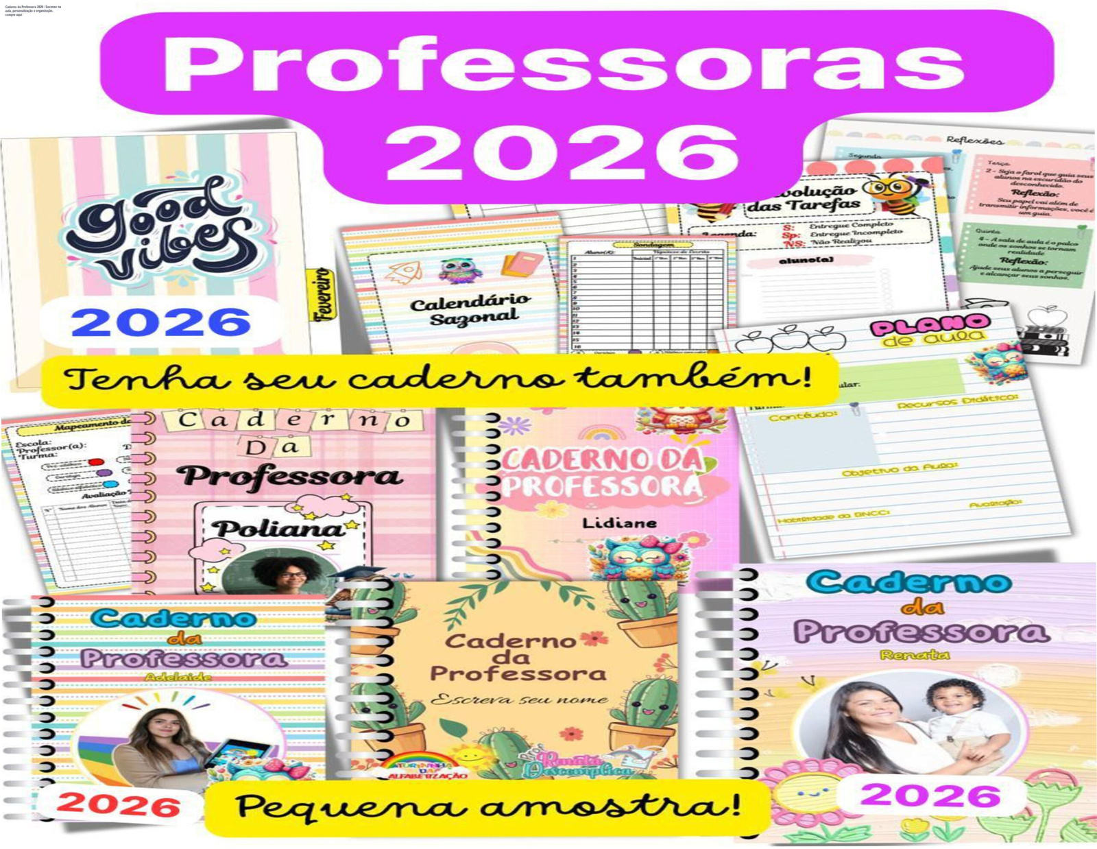 Capa editável do Caderno da Professora 2026 com sondagem diagnóstica e recursos de planejamento docente