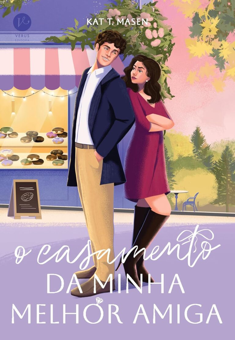 Capa do livro 'O Casamento da Minha Melhor Amiga' mostrando Eva na cafeteria ao lado de Aston, ambos rodeados por decoração de casamento em uma cidade pequena.