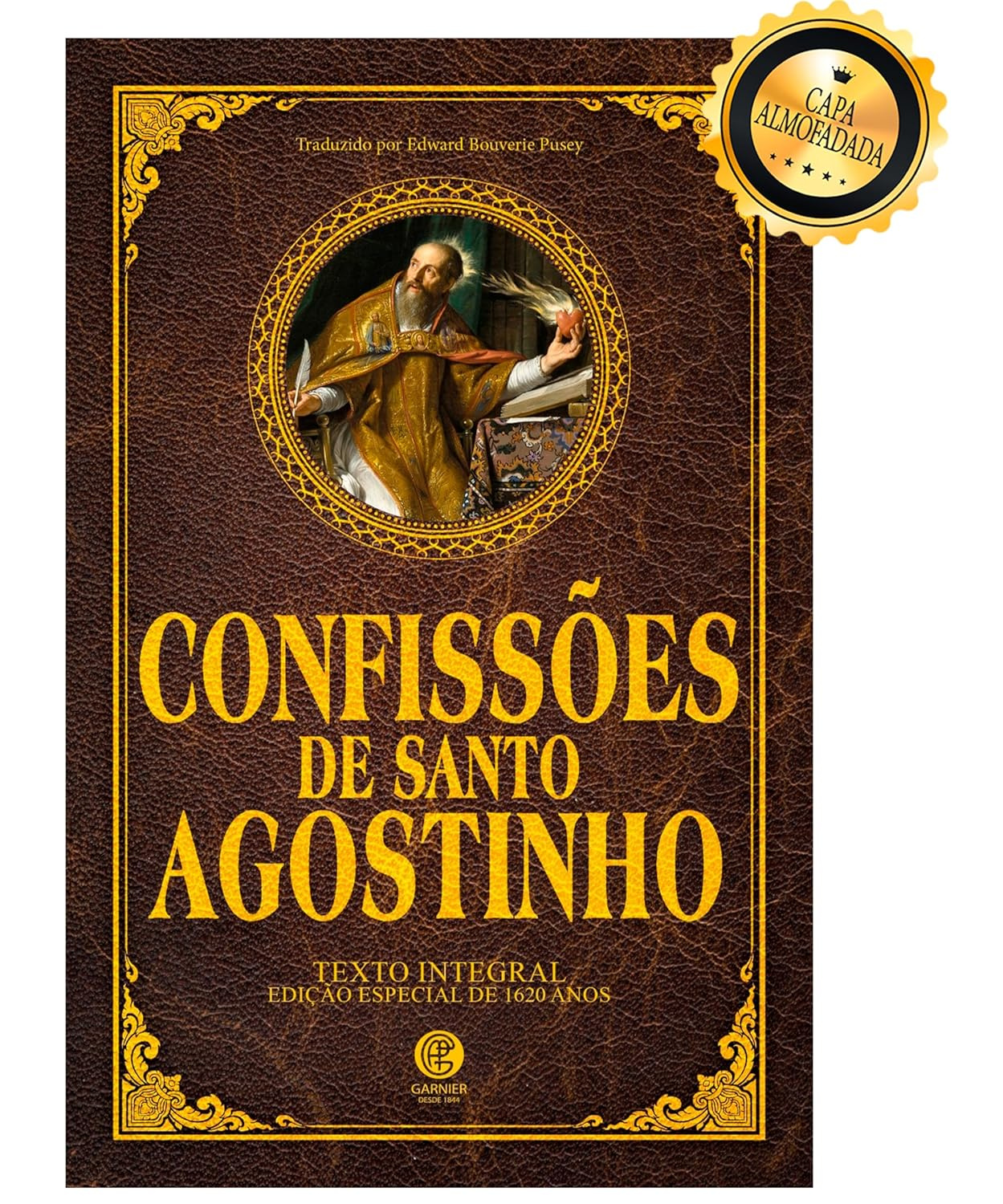 Capa dura almofadada do livro Confissões de Santo Agostinho, edição de luxo, com marcador de fitilho