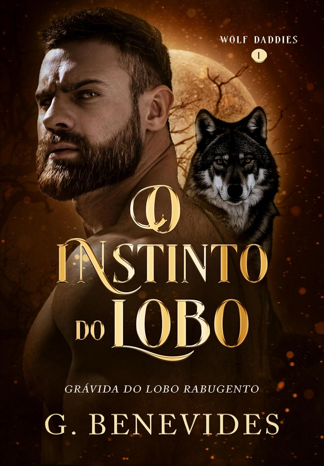 Capa do livro O Instinto do Lobo de G. Benevides mostrando temática paranormal de lobisomem e gravidez sobrenatural