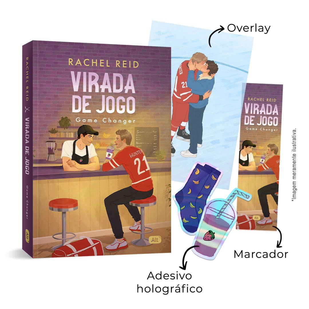 Capa do ebook Virada de Jogo de Rachel Reid, romance esportivo LGBTQ+ entre capitão de hóquei e barista