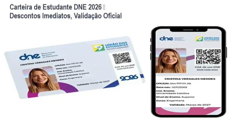 Carteira de estudante DNE 2026 em uso para garantir desconto de meia entrada em cinema e transporte público