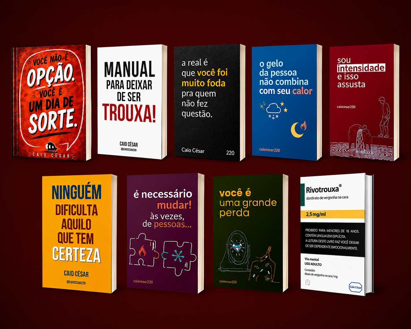 Imagem da coleção completa de 9 ebooks de Caio César sobre autoestima, dependência emocional e relacionamentos saudáveis