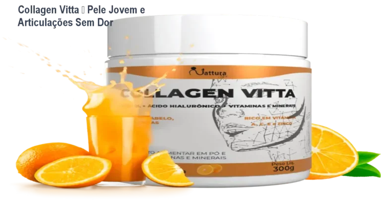 Frasco de Collagen Vitta sendo consumido diariamente para pele mais firme e articulações sem dor