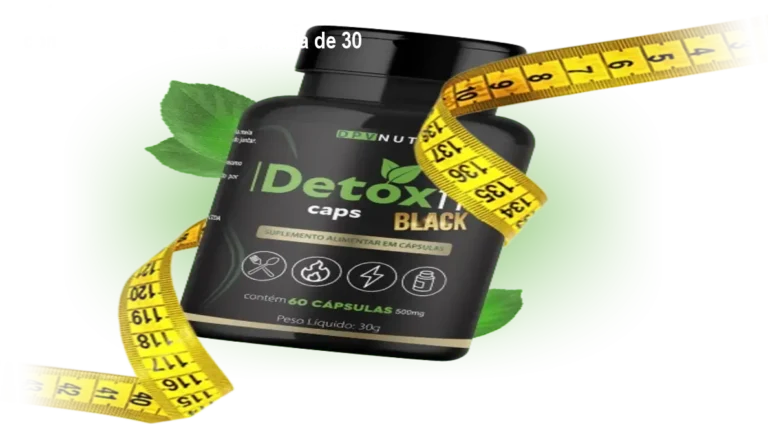 Cápsulas Detox Fit Caps Black ao lado de frutas, mostrando energia e perda de peso