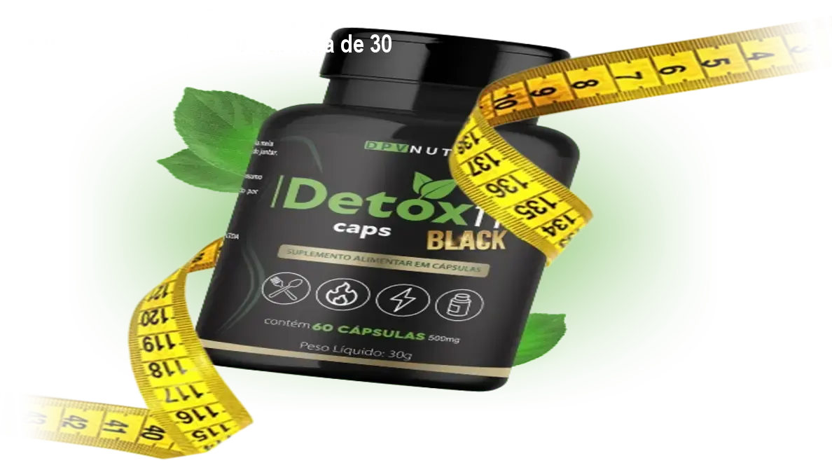 Cápsulas Detox Fit Caps Black ao lado de frutas, mostrando energia e perda de peso