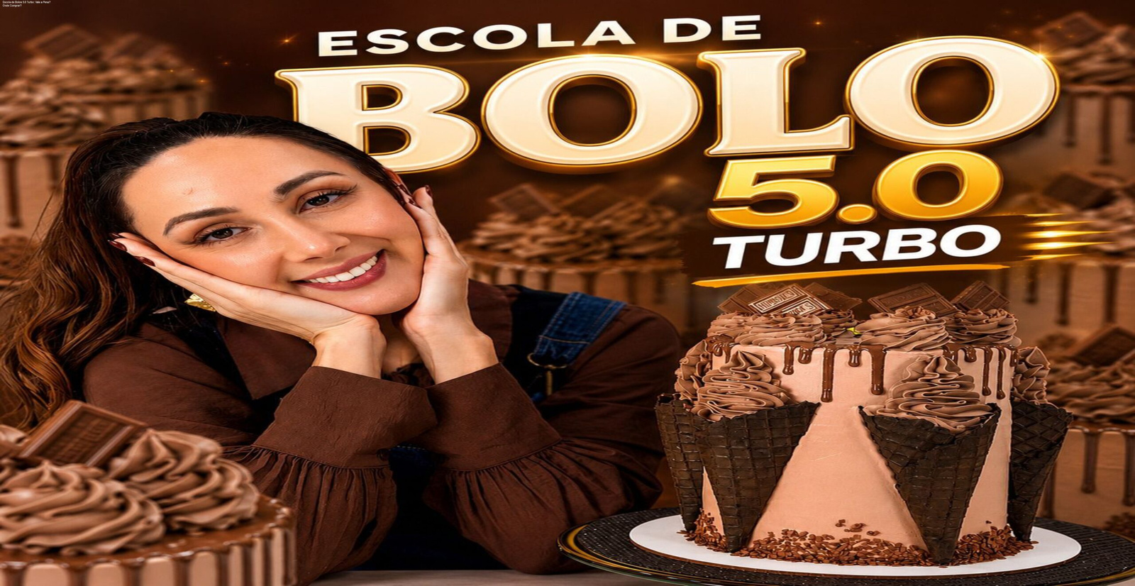 Capa do curso Escola de Bolos 5.0 Turbo de Marrara Bortoloti mostrando bolos decorados e promessa de renda extra