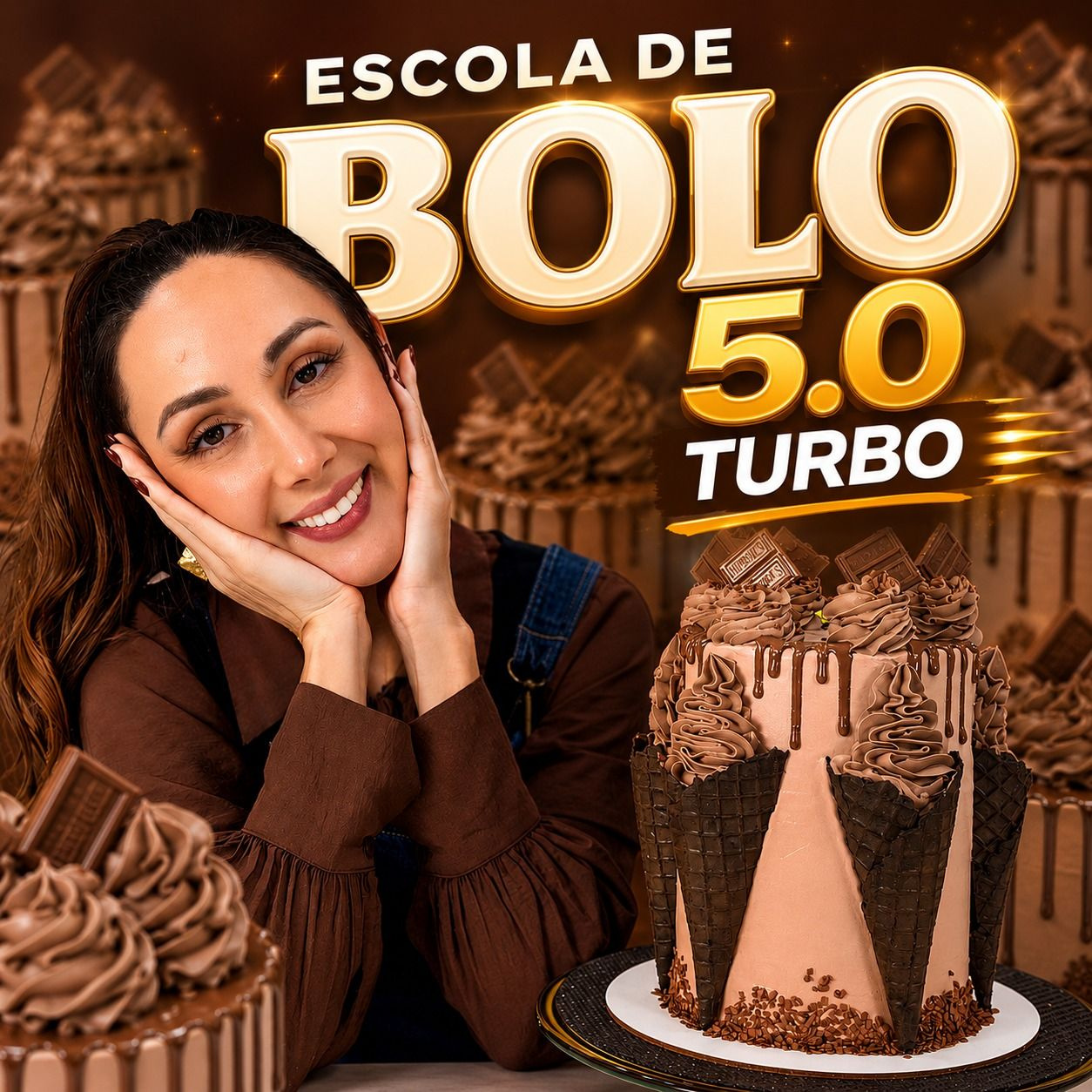 Imagem promocional da Escola de Bolos 5.0 Turbo mostrando confeiteira Marrara Bortoloti e bolos decorados