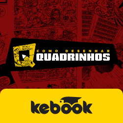 Ilustração de um artista de quadrinhos trabalhando em seu estúdio, cercado por rascunhos, tablet, GPS do Quadrinista e materiais de desenho.
