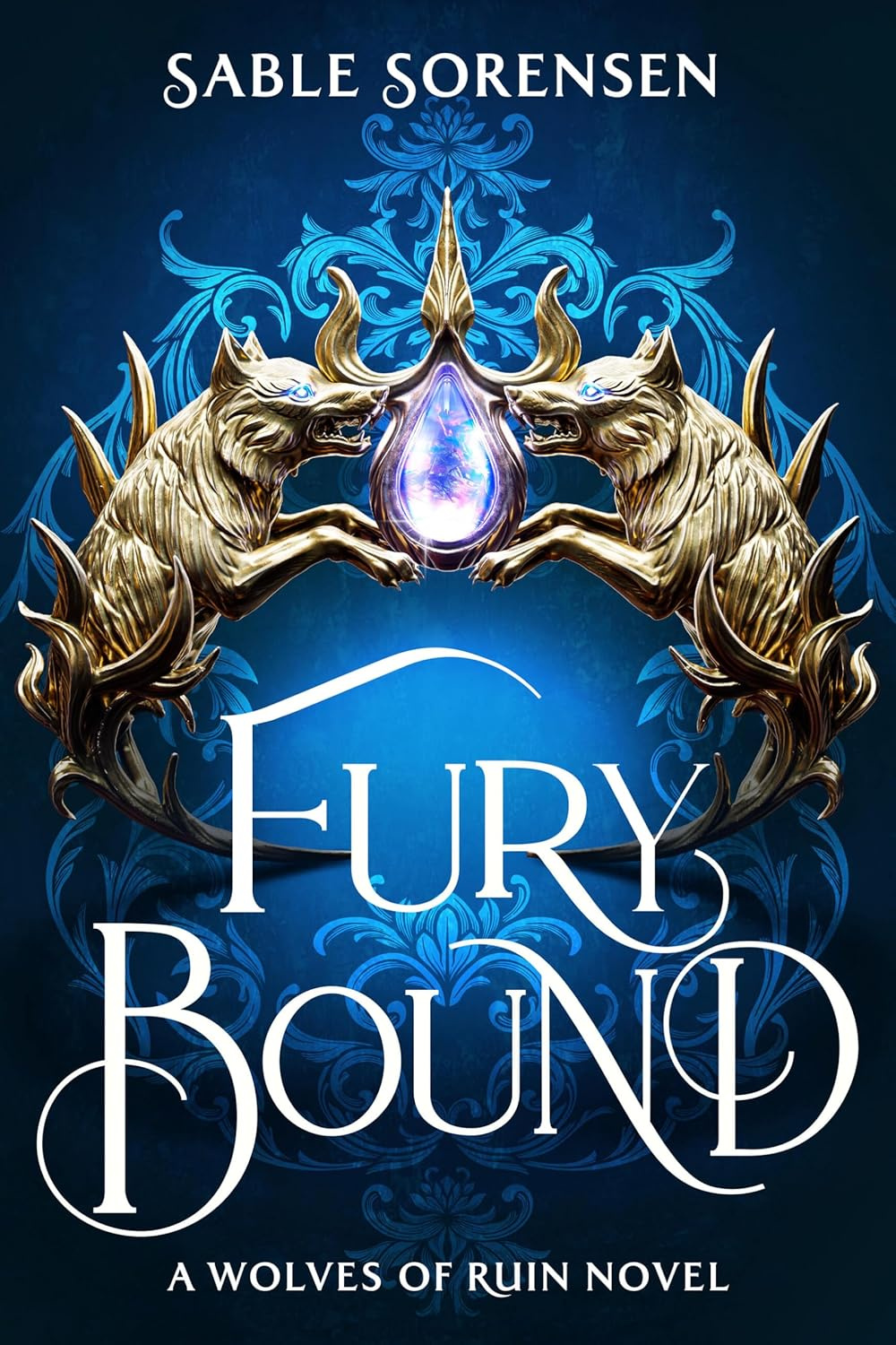 Capa de Fury Bound de Sable Sorensen, rainha Meryn Cooper com lobo dire Anassa em cenário dark fantasy romântico