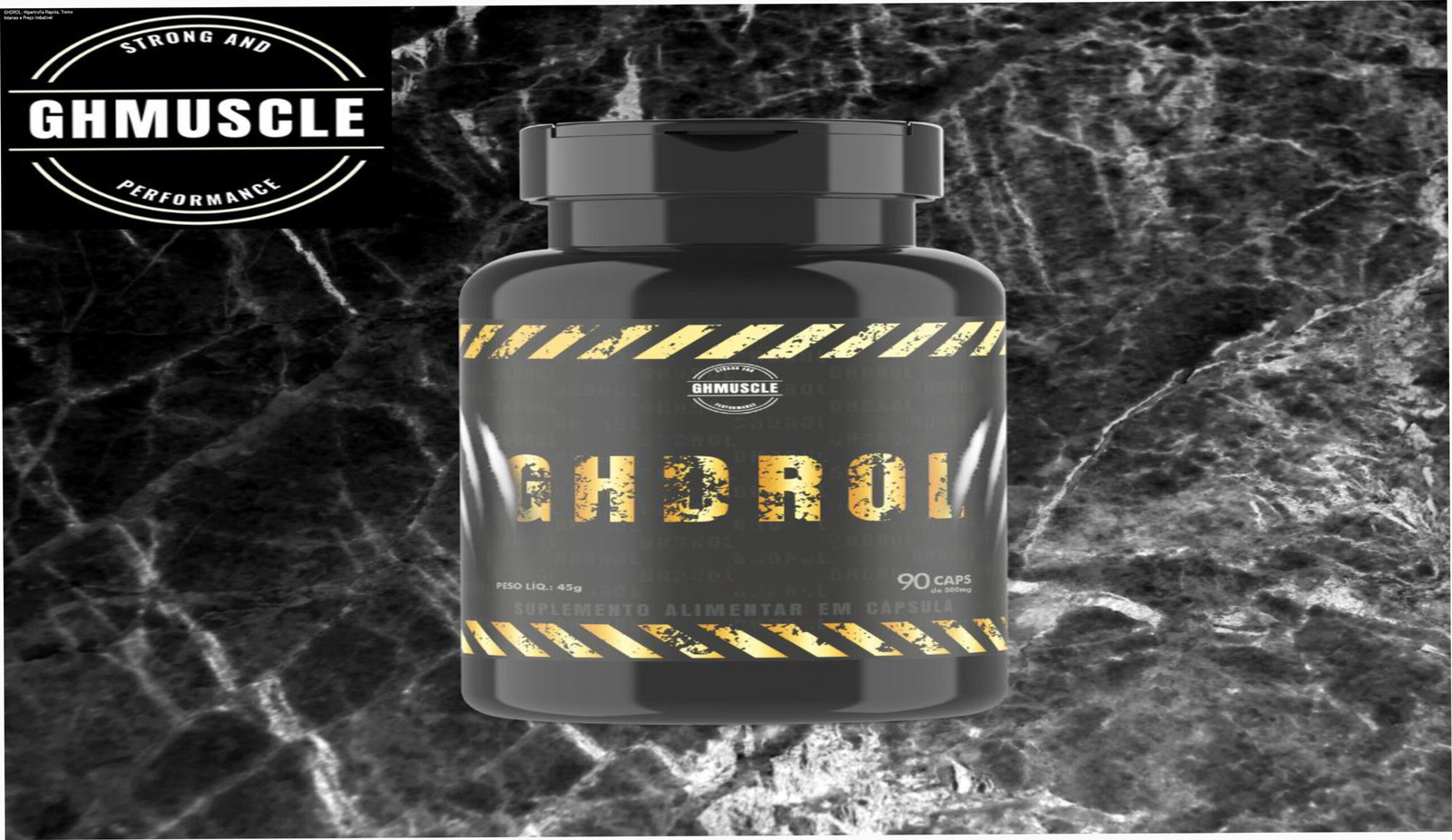 GHDROL GHMUSCLE frasco suplemento hipertrofia com cápsulas e protocolo de treino ao lado