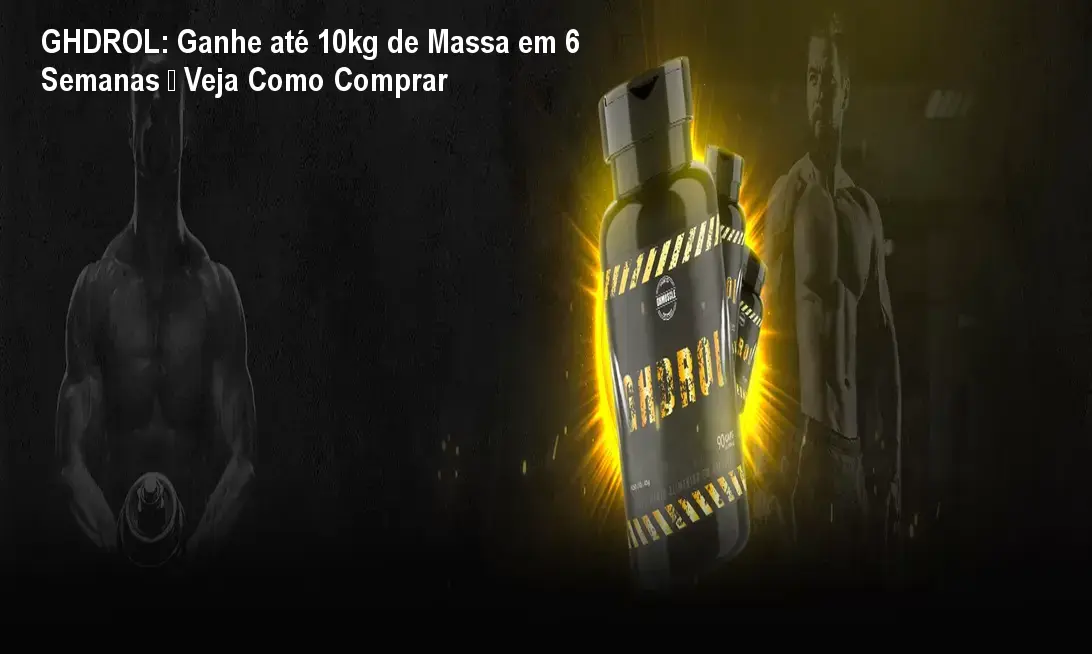 Frasco de GHDROL ao lado de halteres mostrando ganho de massa muscular
