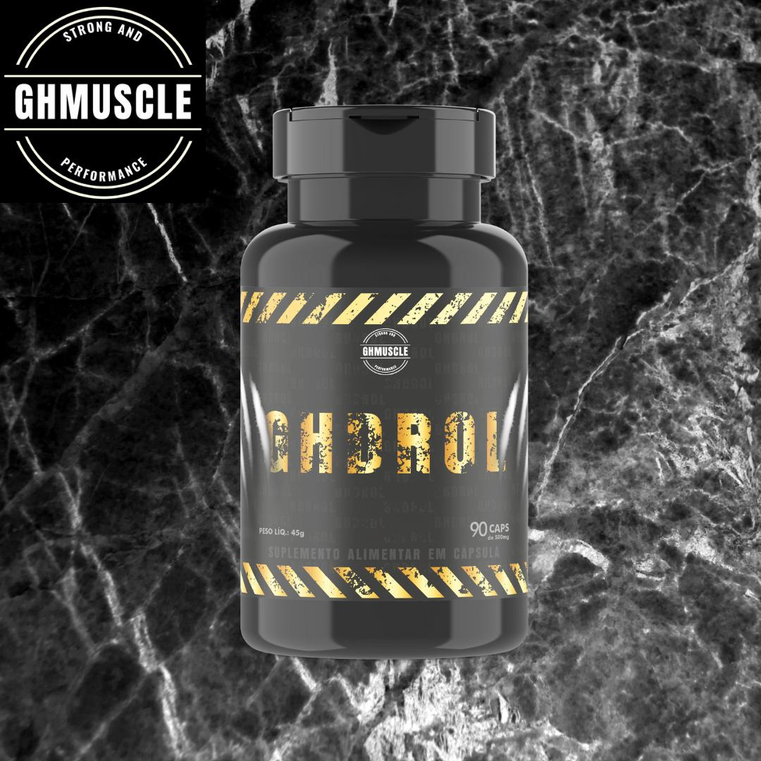 Frasco de GHDROL da GHMUSCLE ao lado de cápsulas, destacando a fórmula premium para hipertrofia e performance