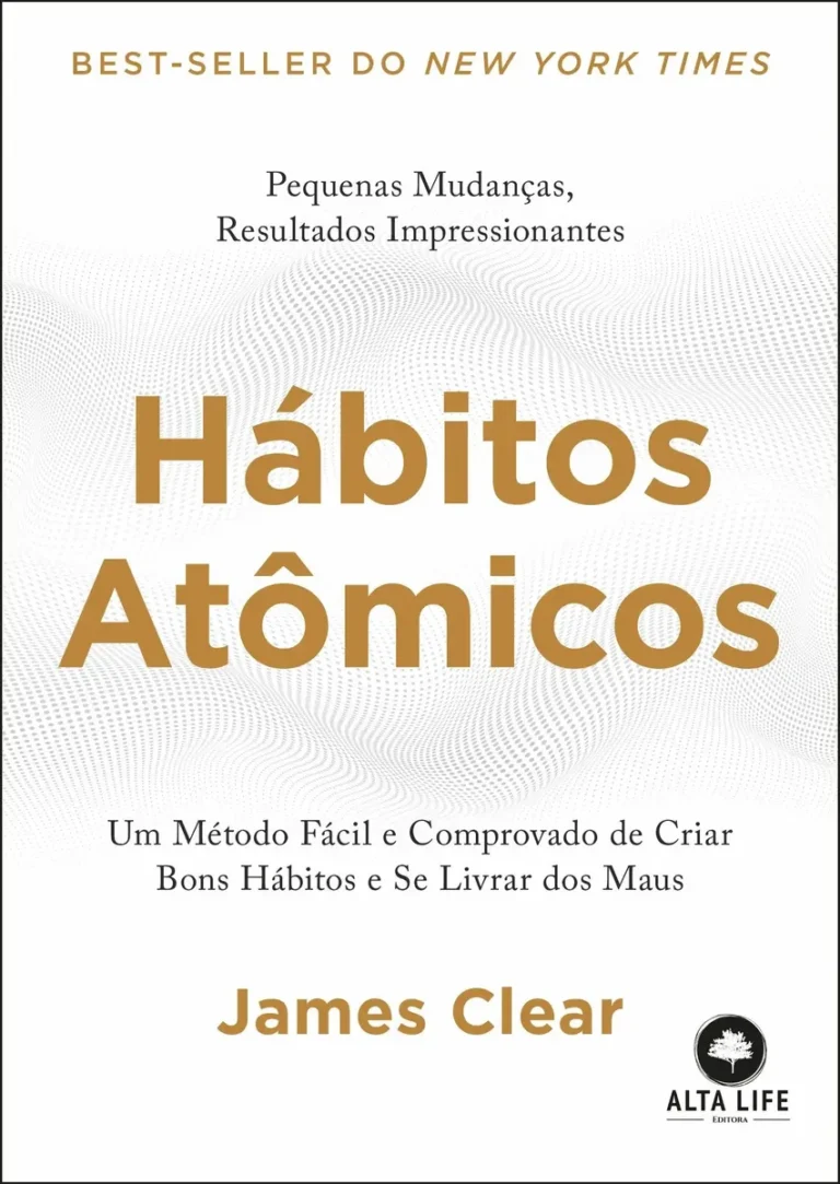 Capa do livro Hábitos Atômicos de James Clear, mostrando um design minimalista com ícones de átomos e título destacado