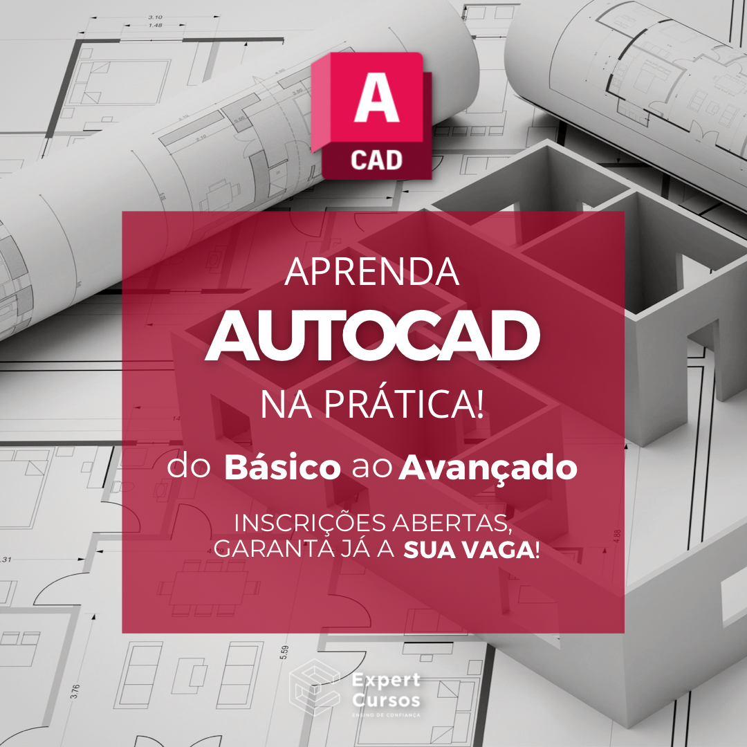 Imagem promocional do Curso AutoCAD Expert mostrando projetos 2D e 3D, blocos CAD e certificado