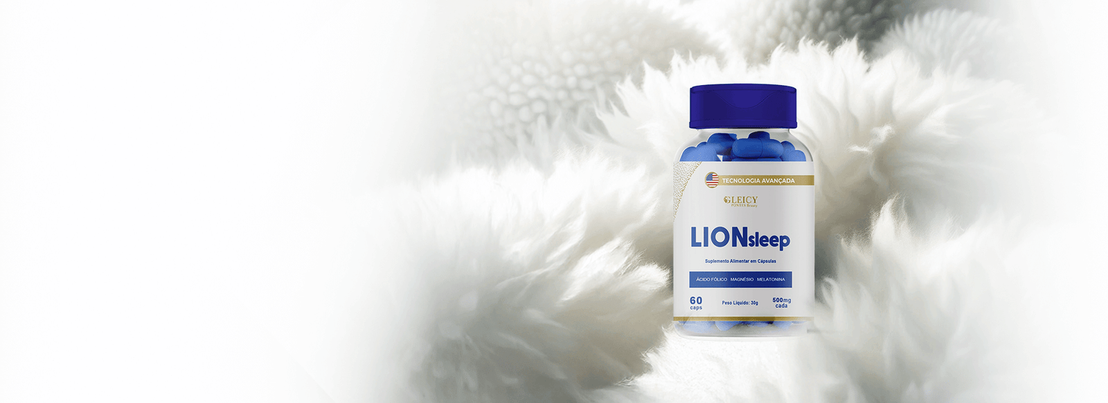 Imagem do suplemento Lion Sleep em embalagem branca, destacando sono reparador e rotina saudável