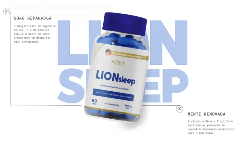 Frasco de LIONsleep ao lado da cama, mostrando cápsulas que ajudam a dormir melhor