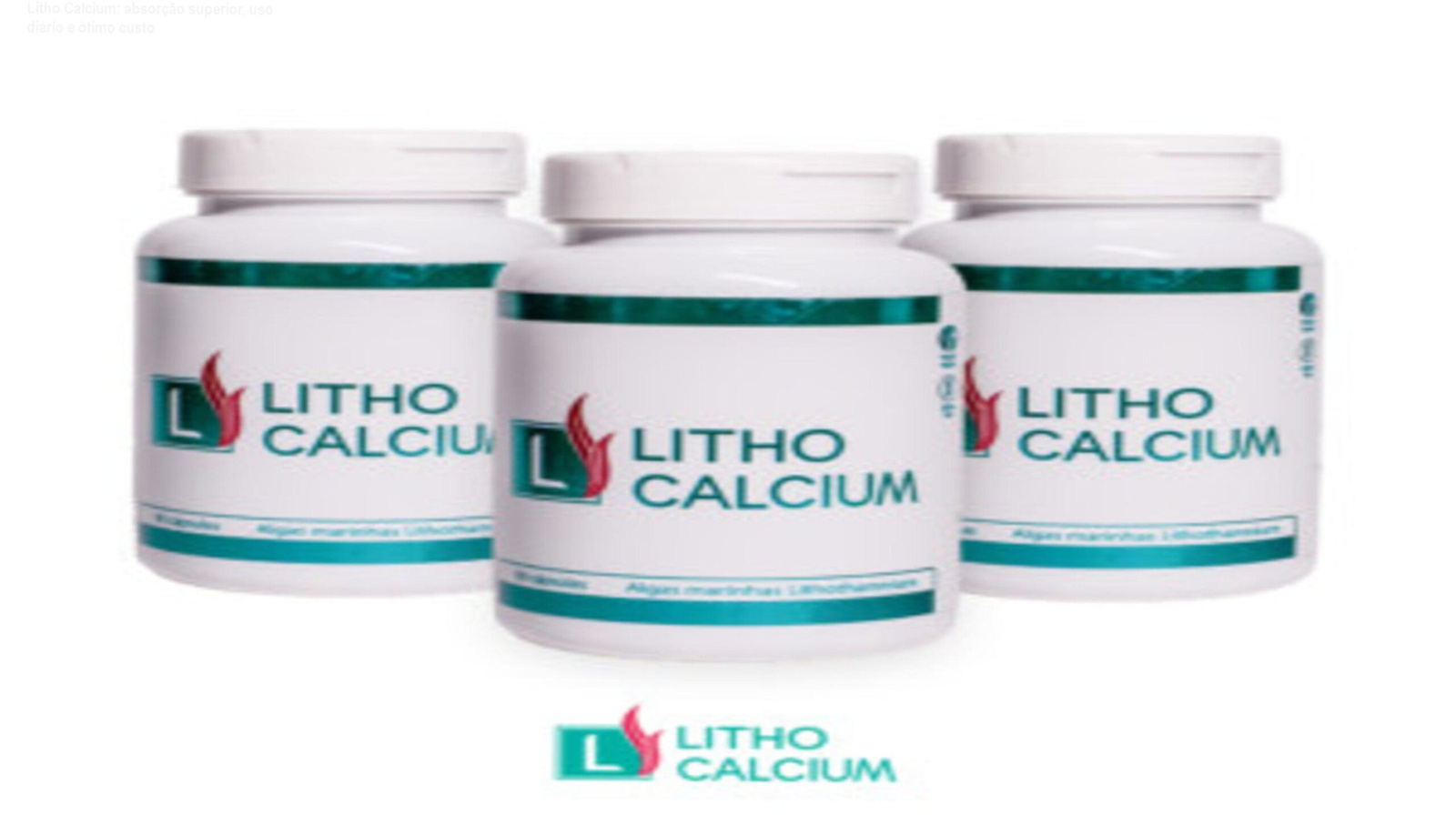 Frasco de Litho Calcium com cápsulas e pó ao lado, destacando minerais orgânicos de alga marinha para saúde óssea e muscular
