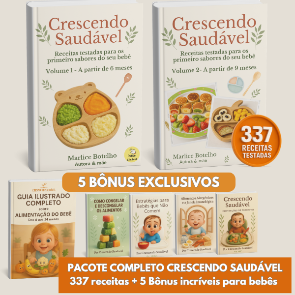 Mãe preparando papinha nutritiva para bebê enquanto o ebook 'Receitas Para Bebês Crescendo Saudável' aparece em um tablet ao lado.