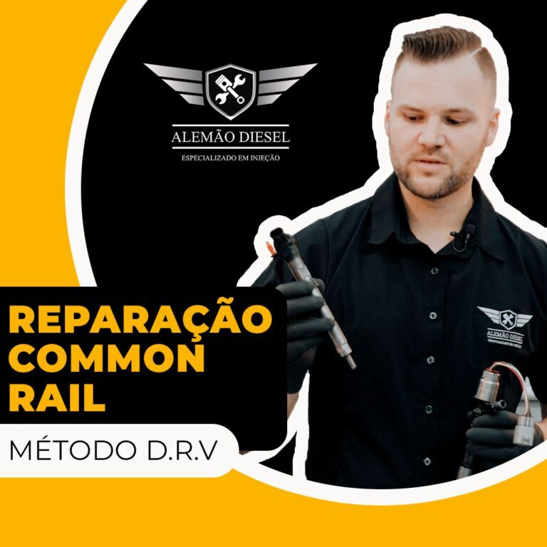 Mecânico Jean Muller demonstrando o método D.R.V de reparação de injetores Common Rail em bancada de oficina.