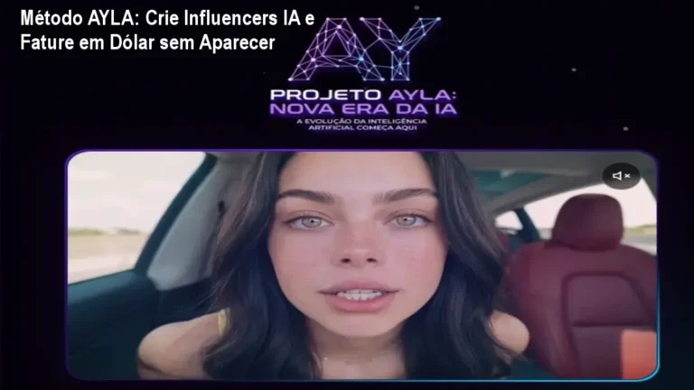 Tela do curso Método AYLA mostrando avatares hiper‑realistas e gráficos de ganhos em dólar