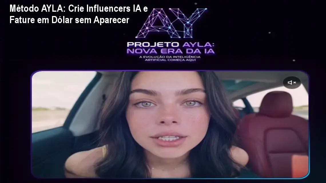 Tela do curso Método AYLA mostrando avatares hiper‑realistas e gráficos de ganhos em dólar