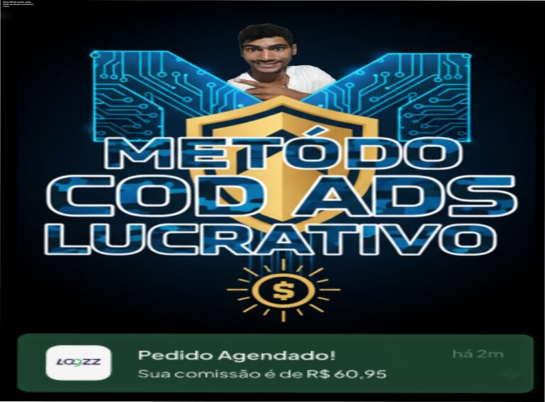 Imagem promocional do Método COD Ads Lucrativo mostrando anúncios online, entrega cash on delivery e promessa de lucro rápido