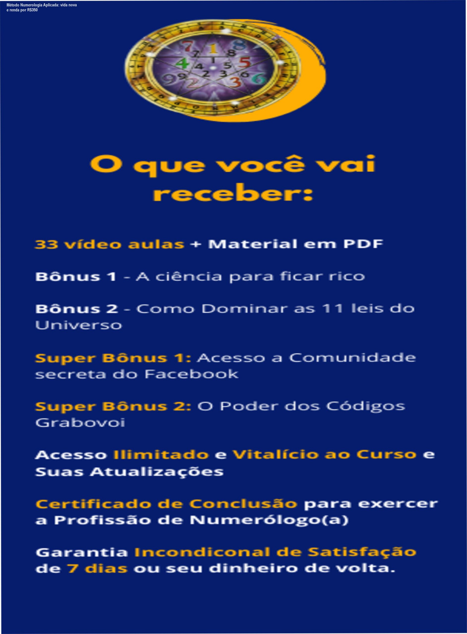 Capa do curso Método Numerologia Aplicada mostrando Rafà Almeida e promessa de transformação profissional