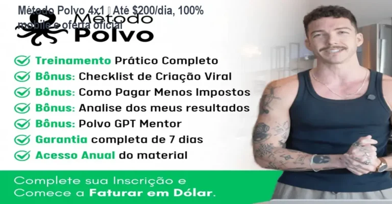 Tela do curso Método Polvo 4x1 mostrando como ganhar até 200 dólares por dia usando apenas o celular