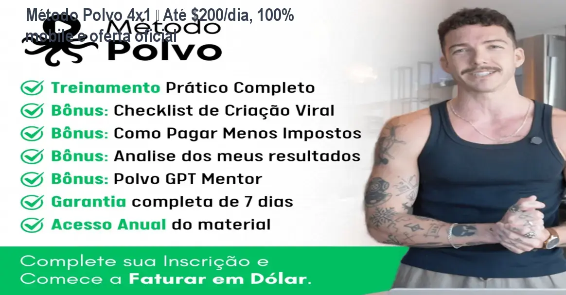 Tela do curso Método Polvo 4x1 mostrando como ganhar até 200 dólares por dia usando apenas o celular