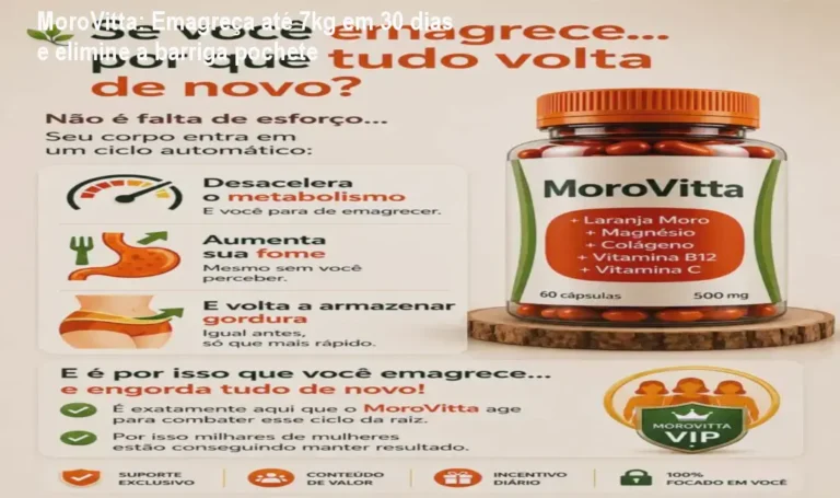 Frasco de MoroVitta com cápsulas, mostrando resultado de barriga lisa e pele firme