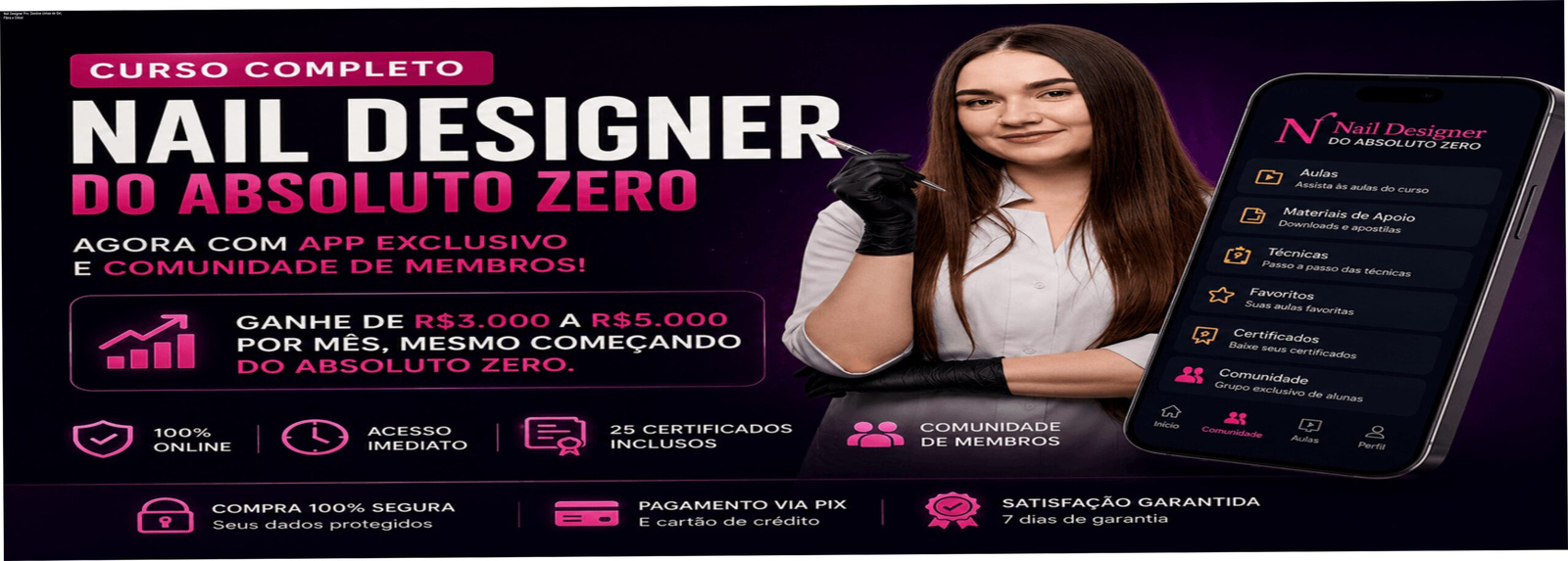 Aluna demonstra técnica de alongamento de unhas em gel com o curso Nail Designer Pro 4.0, aprendendo a criar unhas lucrativas.