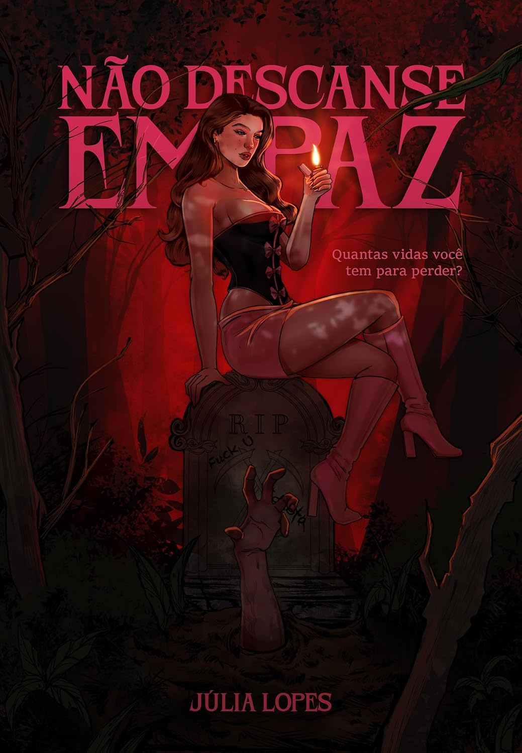 Capa do eBook 'Não Descanse em Paz' de Júlia Lopes, romance gótico com temática de stalker, vingança e gravidez inesperada