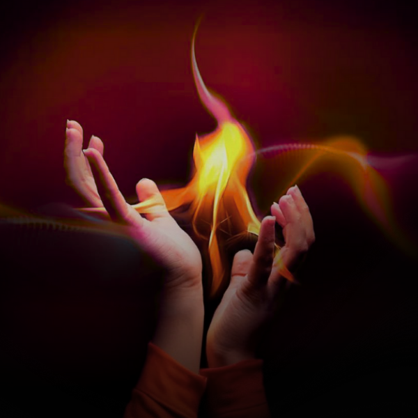 Ilustração da prática da Magia do Fogo mostrando energia das Sete Chamas Sagradas
