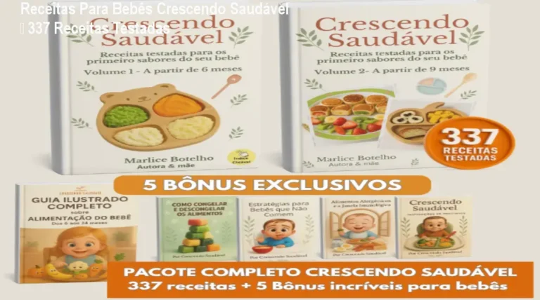Capa do ebook Receitas Para Bebês Crescendo Saudável, mostrando receitas nutritivas e ilustrações para mães