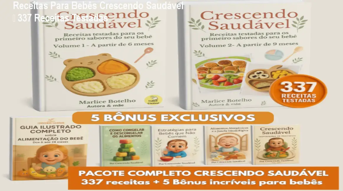 Capa do ebook Receitas Para Bebês Crescendo Saudável, mostrando receitas nutritivas e ilustrações para mães