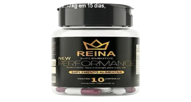 Frasco de Reina New Performance ao lado de uma cápsula, mostrando como a dose diária aumenta energia e controla o apetite para perder peso rapidamente