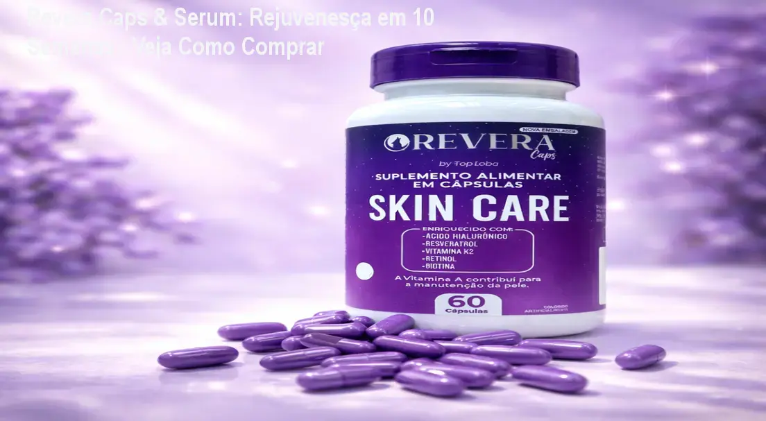Mulher aplicando o serum Revera e tomando cápsulas, mostrando pele mais firme e iluminada