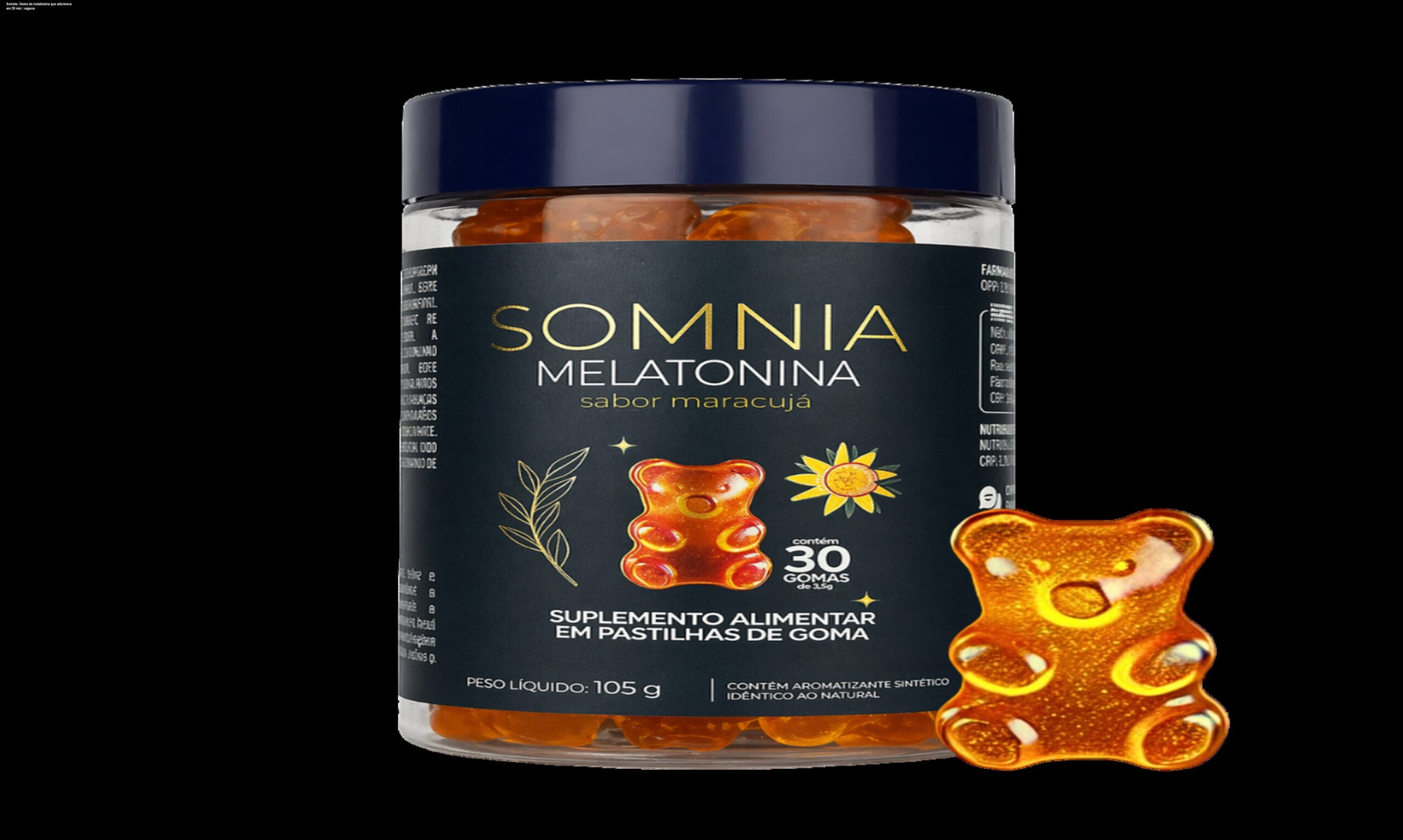 Goma de melatonina Somnia sabor maracujá, livre de açúcar, que reduz o tempo para adormecer e melhora o descanso