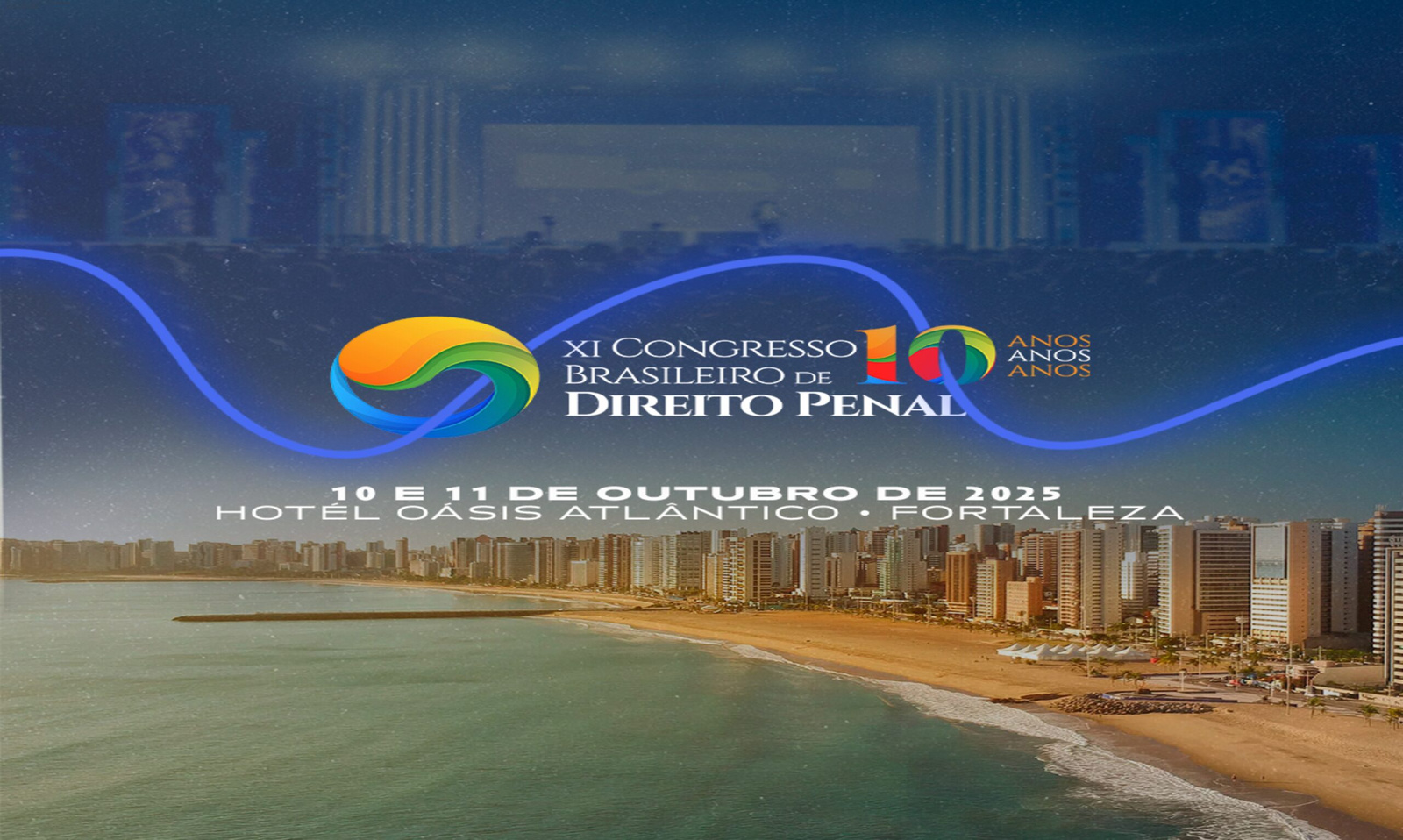 Imagem promocional do XI Congresso Brasileiro de Direito Penal mostrando juristas em debate e destaque para atualização jurídica rápida.