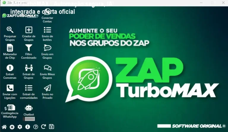 Tela do ZAPTurboMAX mostrando automação de mensagens no WhatsApp com IA e proteção anti‑bloqueio