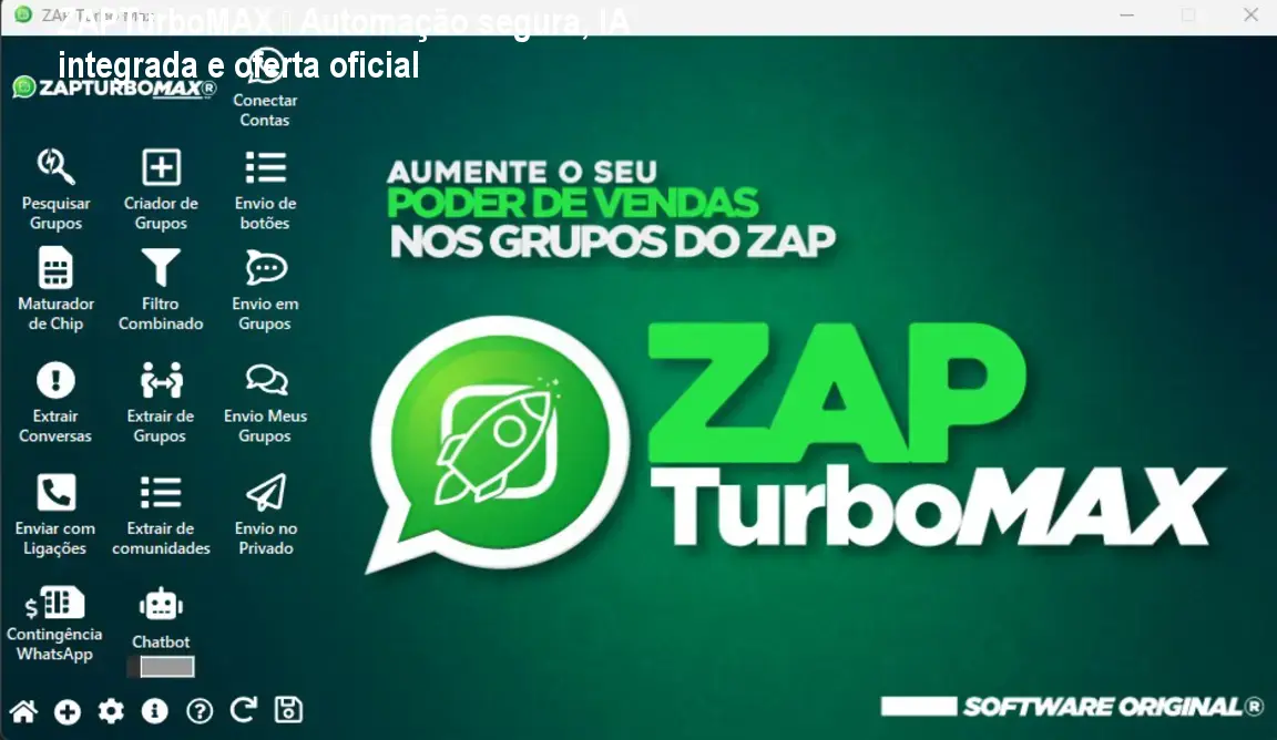 Tela do ZAPTurboMAX mostrando automação de mensagens no WhatsApp com IA e proteção anti‑bloqueio