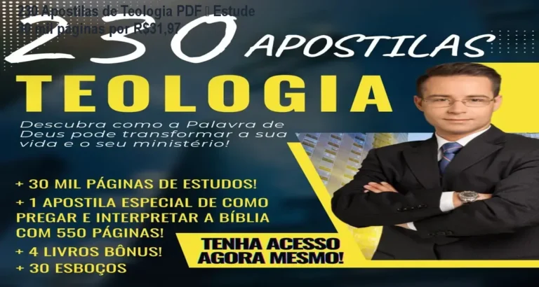 Capa das 230 Apostilas de Teologia em PDF com bônus de esboços de pregação, ideal para estudo e preparação de sermões