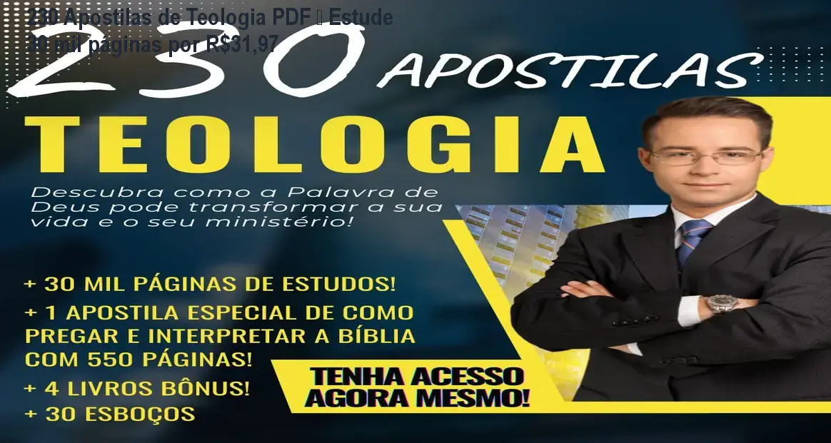 Capa das 230 Apostilas de Teologia em PDF com bônus de esboços de pregação, ideal para estudo e preparação de sermões