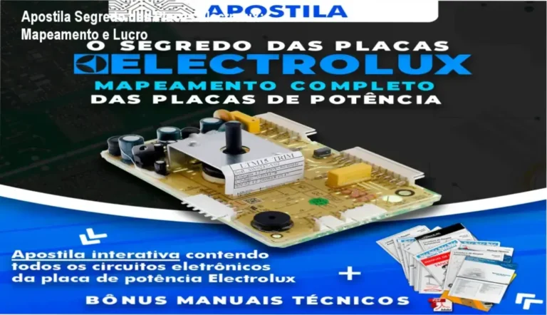 Capa da Apostila Segredo das Placas Electrolux mostrando diagramas de circuitos e ferramentas de bancada